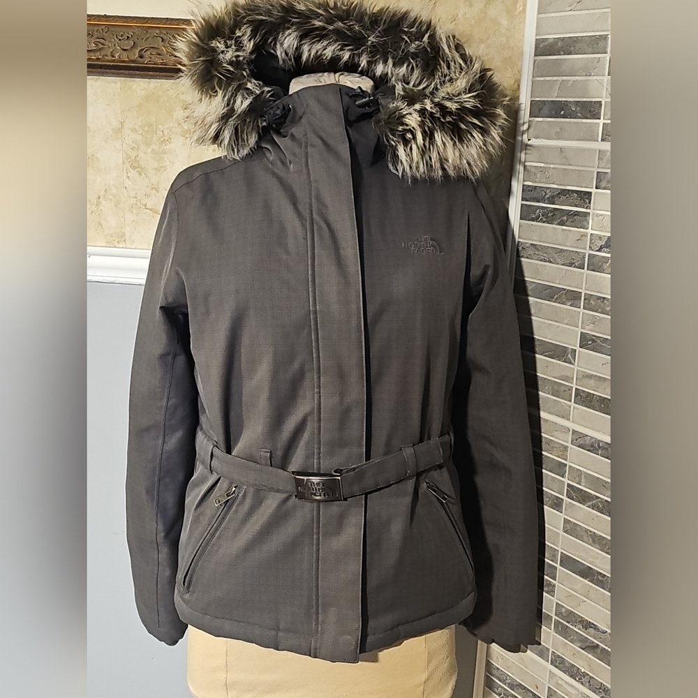 The North Face Lady Grey Hooded‎ Goose Down Zip Up Belted Jacket Size S